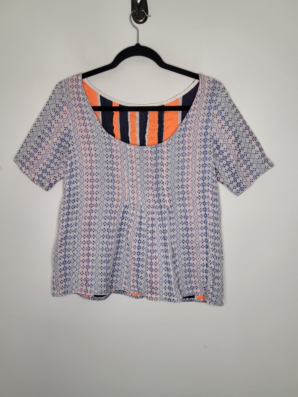 Ace & Jig Orange Blue Scoop Neck Top Sz L Boho Woven Contrast Lining Dainty Bold